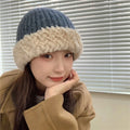 Custom logo Fashion Beanie Plush Brim Women Warm Winter Luxury Fur Edge Beanie Knitted Bucket Fisherman Hat