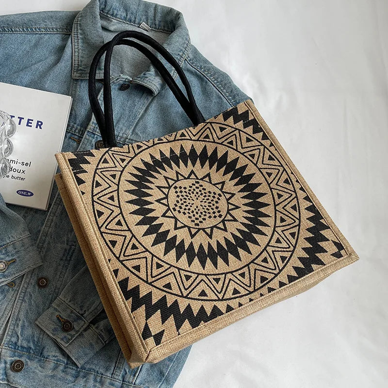 Women's Large Capacity Geometric Pattern Eco-Friendly Sustainable Jute Open Closure by Brand New Trending Tote Bag