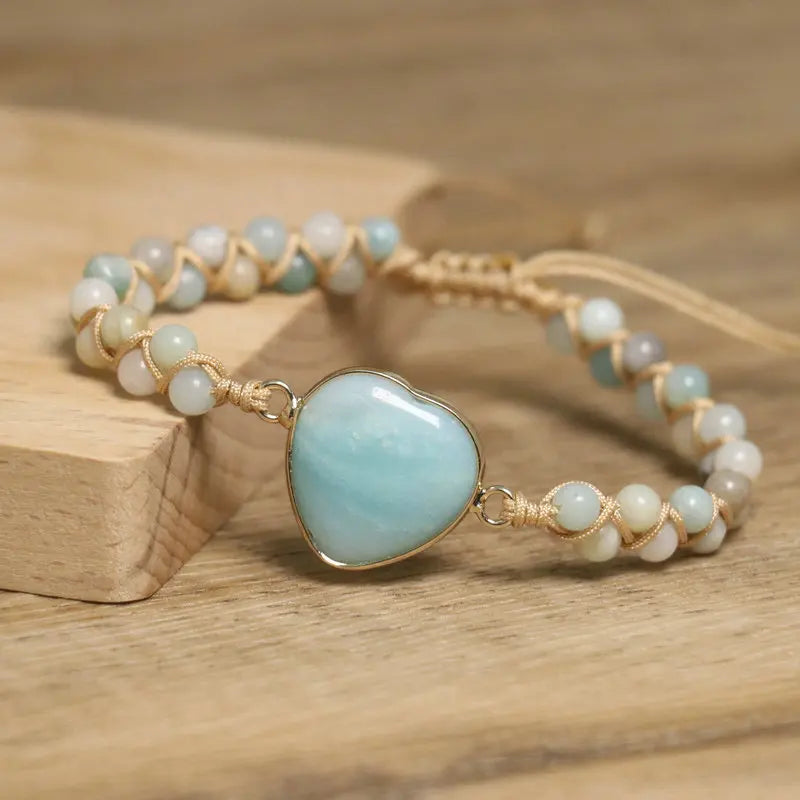 Minimalist 4mm Amazonite Beaded Bracelet Natural Gemstone Healing Crystal Handwoven Heart Charm Stone Bracelet for Women Girls