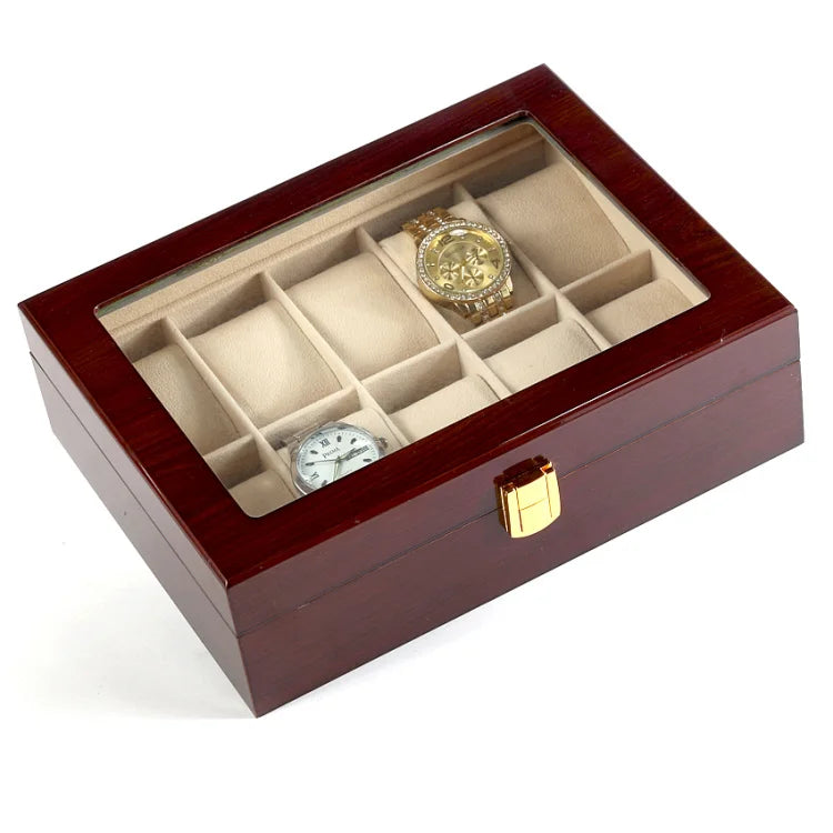 Custom Luxury 10-Slot Brown Wooden Lacquered Jewelry Display for Wrist Watches Bracelets Durable MDF Leather Glass Leatherette