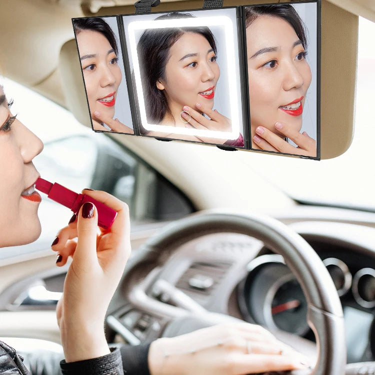 Zonyin Hot Selling Portable Tri-fold Makeup Car Mirror with 60 LED Lights Mirror Rechargeable Car Visor Magnifying Vanity Mirror