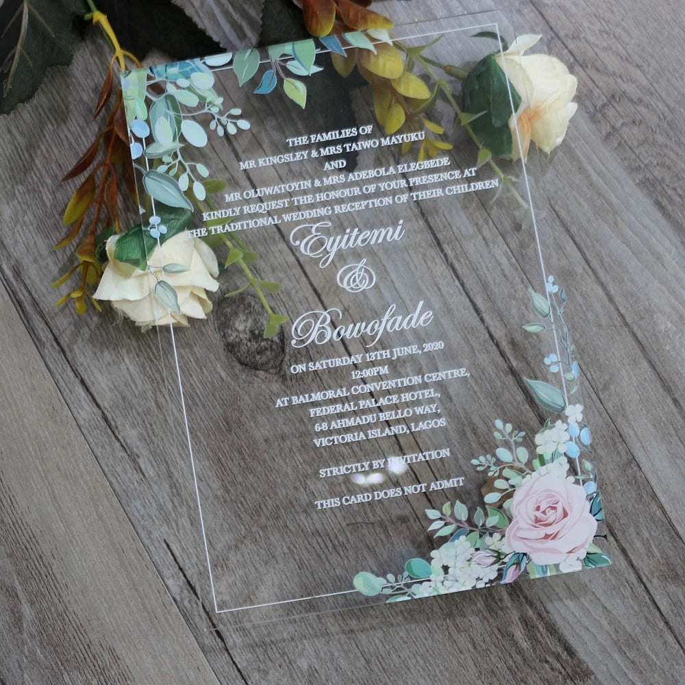 White Engraving Custom Acrylic Wedding Invitation Card Floral Theme