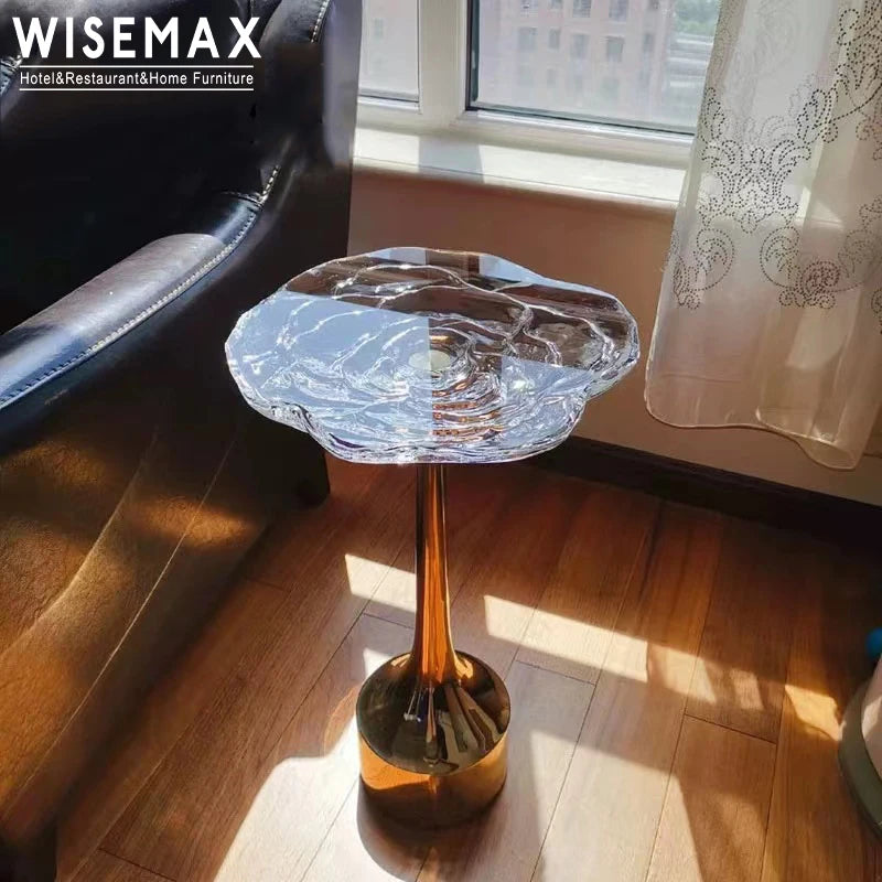 WISEMAX FURNITURE New Rose Flower Top Golden Stainless Steel Base Small Livingroom Bed Side Table Acrylic Gold Coffee Table