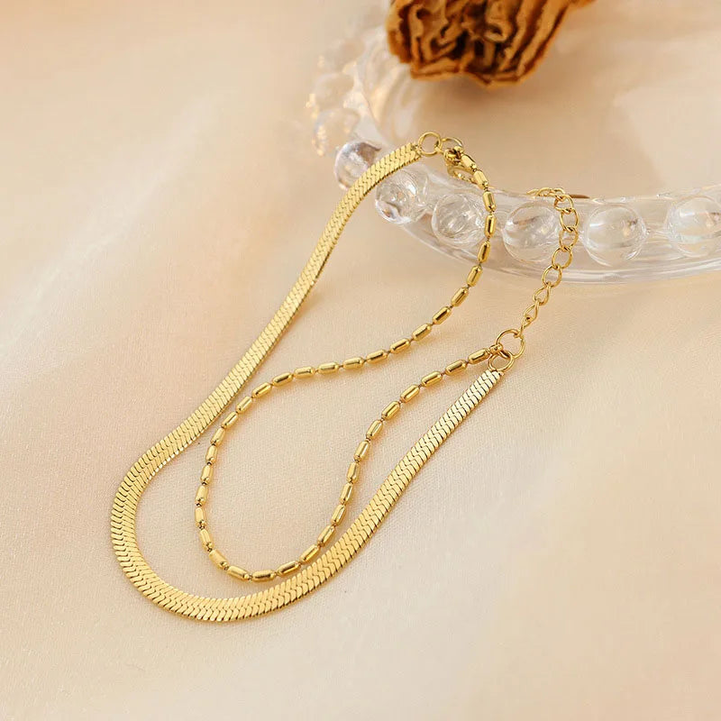 18k Gold Plated Stainless Steel Jewelry Charm Bead Delicate Blade Chain Double Layer Snake Bracelet Pulsera De Acero Inoxidable