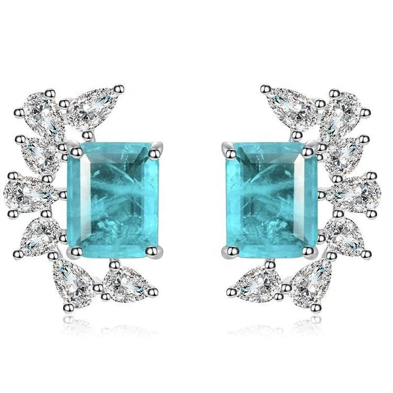 Unique Design 925 Sterling Silver Emerald Cut Elegant Charm Stud Earring Pear Halo Paraiba Tourmaline Earring Diamond for Women