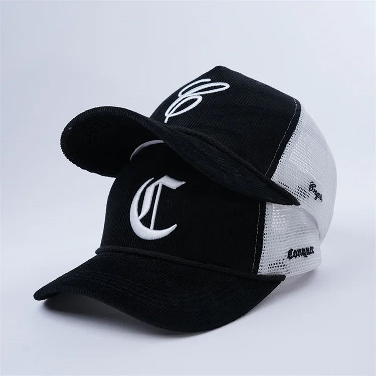 Corduroy Trucker Hats Puff Embroidery Logo 5 Panel Snap Back Trucker Cap