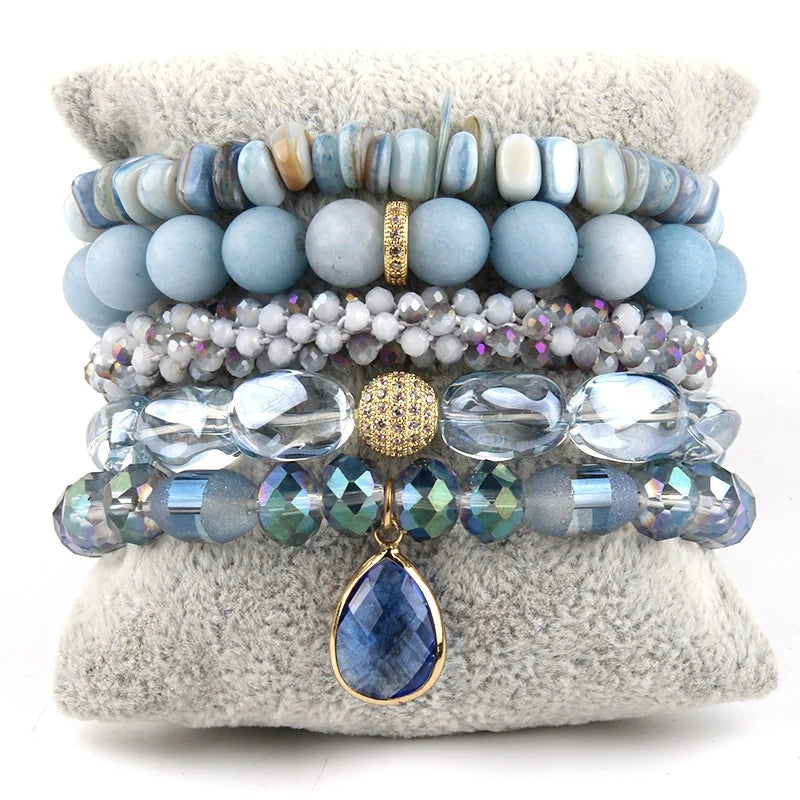 Handmade Boho Jewelry 5pcs Glass Hair Tie Hair Band Elastic Bracelet Natural Gemstone Crystal Glass Bracelet Stack Bracelet Set