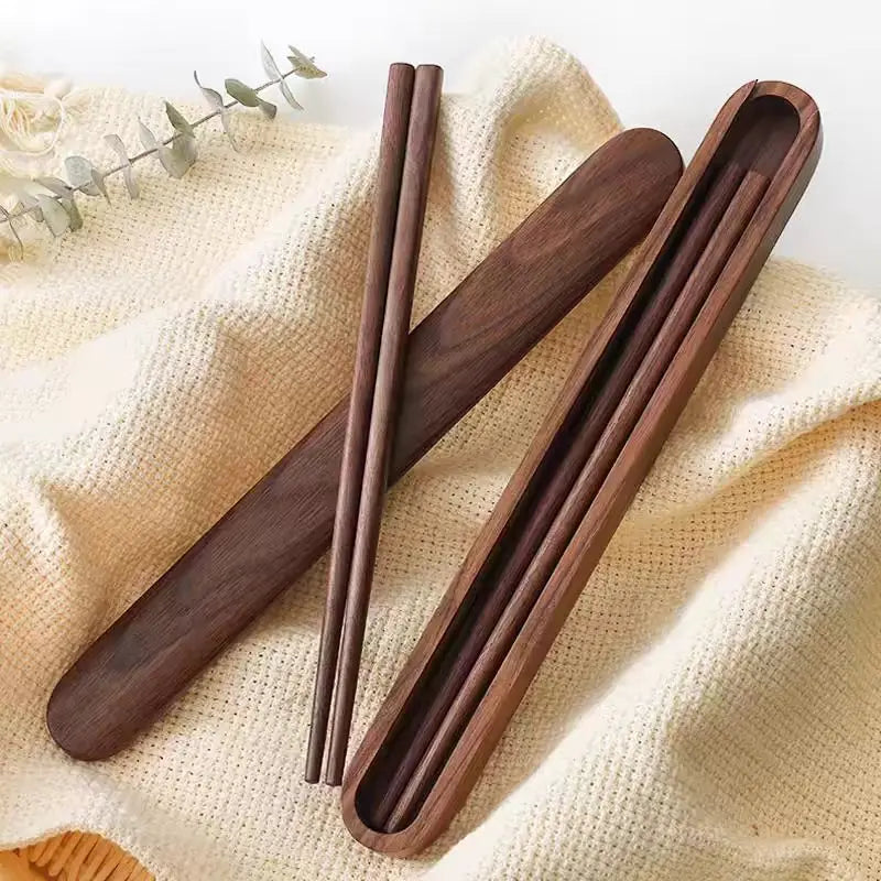 Student Portable Eco-Friendly Solid Wood Chopsticks Storage Box Free-Black Walnut Tableware Case Modern Design Natural Wood Back