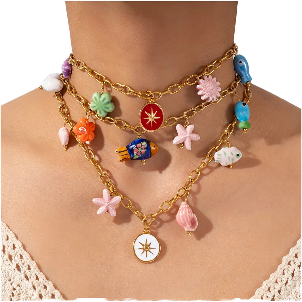 New Ocean Flowers Series Stainless Steel Stylish Pendant Necklace Gold Plated Charms Classic Ceramic Accessories for Women