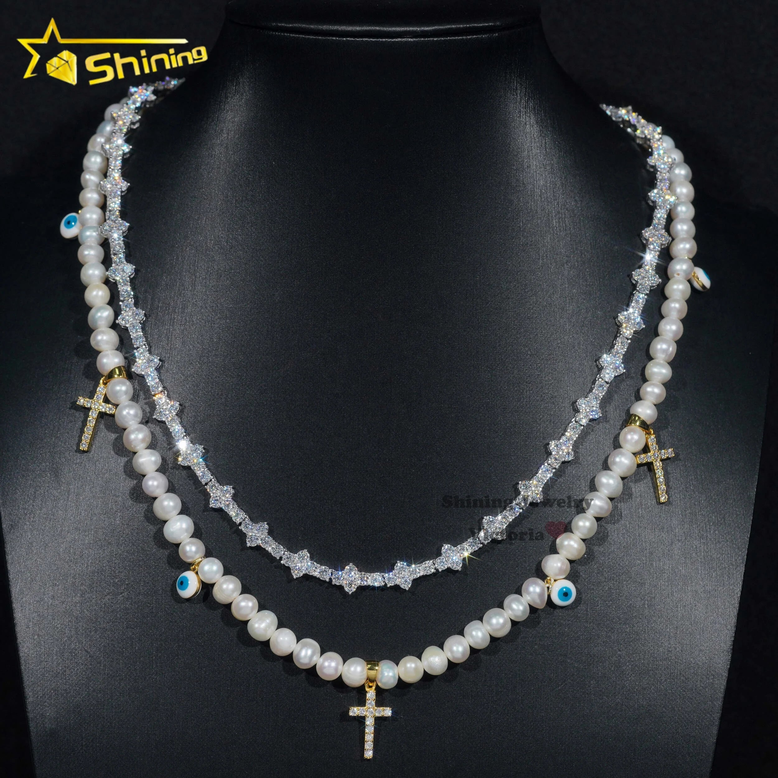 New Trendy Fashion Jewelry Cross Style Chain Iced Out 925 Sterling Silver Moissanite Tennis Chain Pearl Charm Pendant Necklace