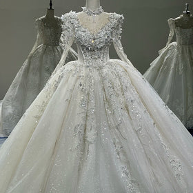 Princess Wedding Dress Illusion O-Neck Long Sleeve Embroidery Applique Beading Formal Bride Gown Xs018