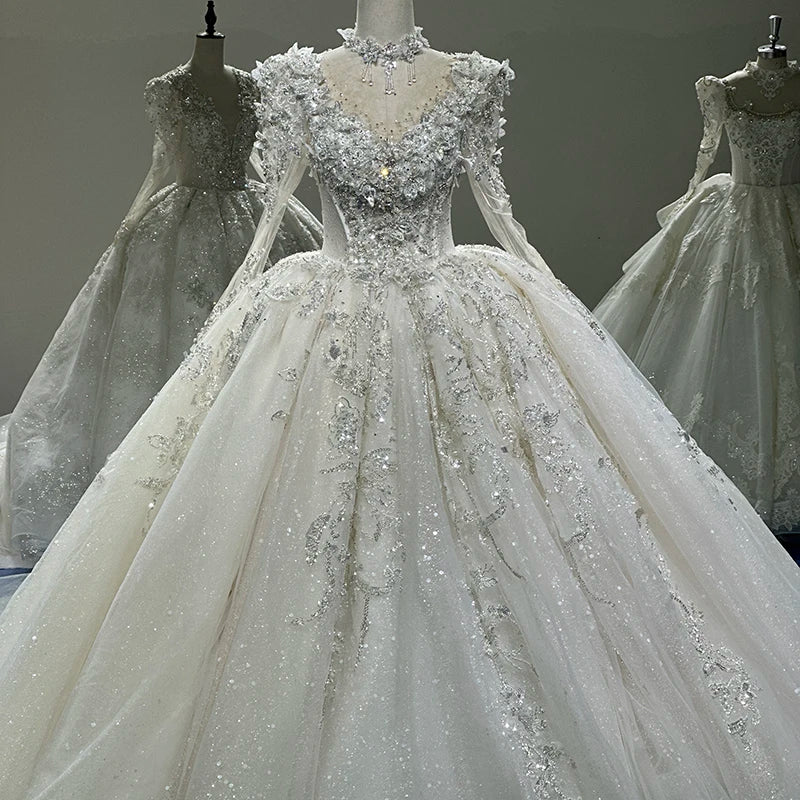 Princess Wedding Dress Illusion O-Neck Long Sleeve Embroidery Applique Beading Formal Bride Gown Xs018