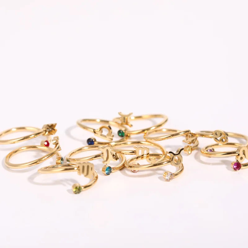 Fashion Stainless Steel  18K Gold PVD Plating  12 Zodiac Birthstone Open Adjustable Rings
