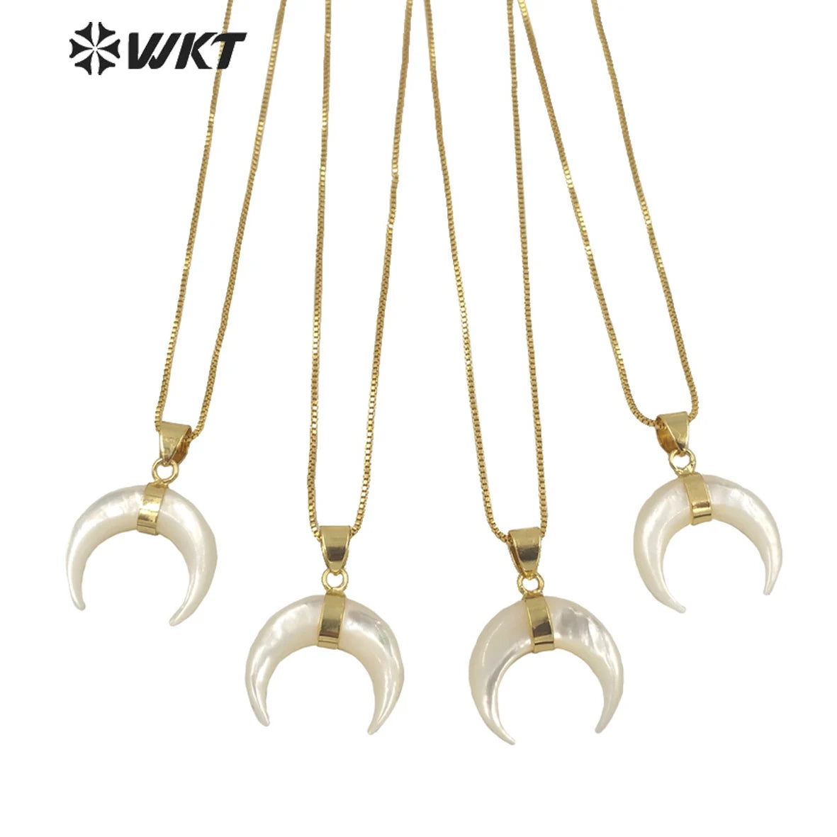 WT-JN147 Wholesale Hot Sale 2023 Bright Natural Mother of Pearl Crescent Horn Necklace 18K Real Gold Plated Bezel Tiny Horn Cha