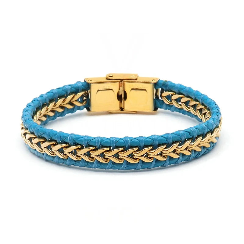 Unisex Classic Style Black Sheep Leather Wrap Bracelet Multi-Layer Hand-Woven Design Gold 316L Stainless Steel Magnetic Clasp