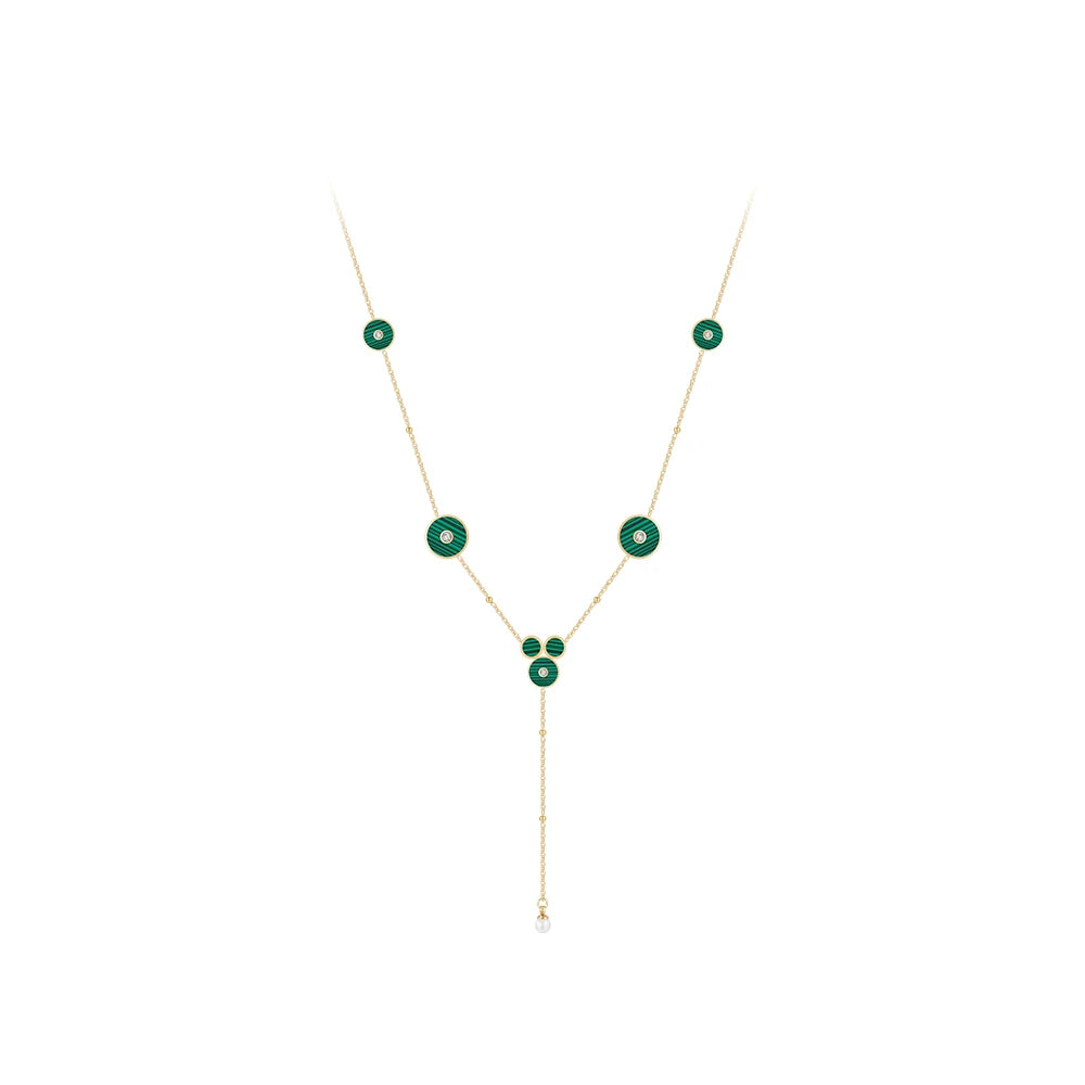 Original Design 18K Gold Plated Stainless Steel Green Round Zircon Charms Long Chain Pearl for Woman Necklace P233421