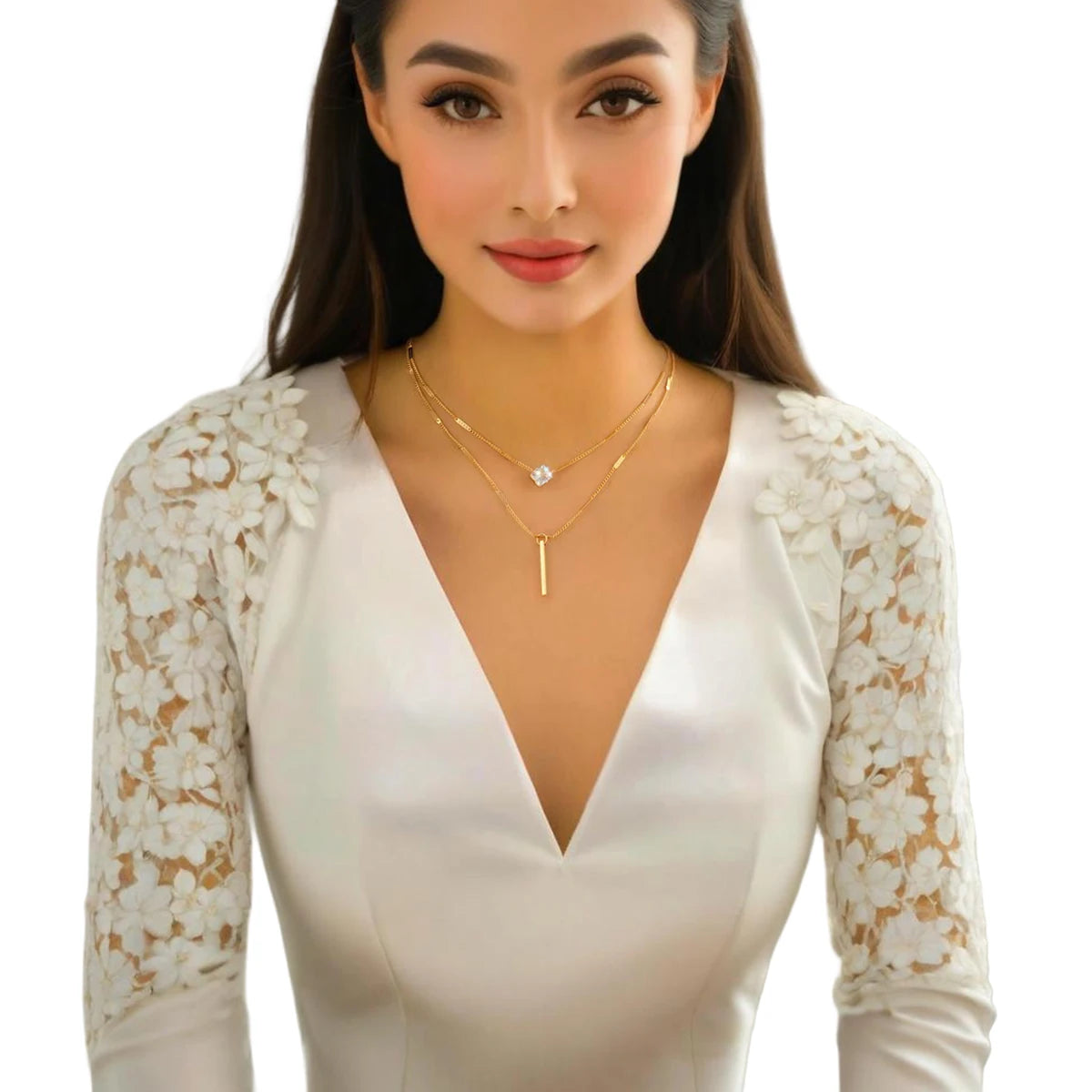 2 Pieces Multi Layered Water Drop Rhinestone Pendant Necklace Set for Women Charms Gold Color Chains Accessories Fashion Jewelry