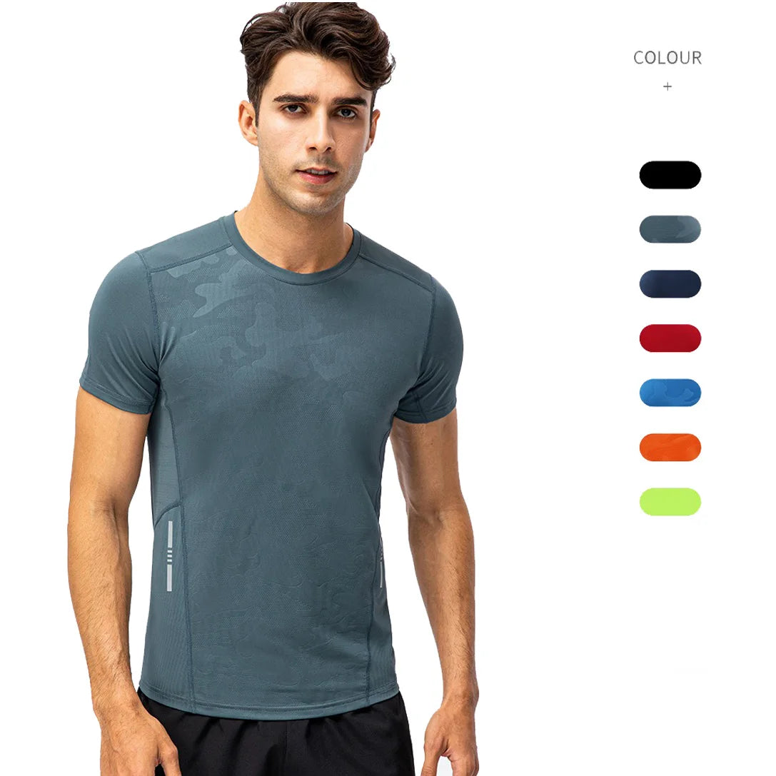 Custom logo Reflective Stripe Quick Dry Gym Fitness T-shirts O Neck Printed Short Sleeve Sport T Shirt for Men