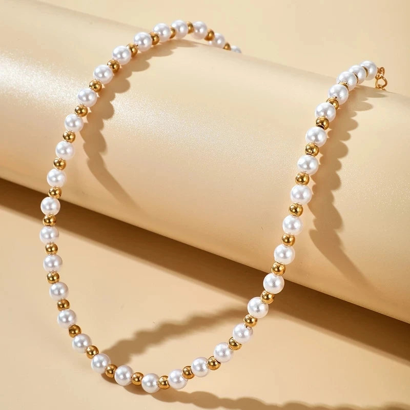 Fashion Gold Color Bead Adjustable Necklace Pearl Beads Choker Clavicle Chain Necklace Pearl Beads Necklace for Women Girls
