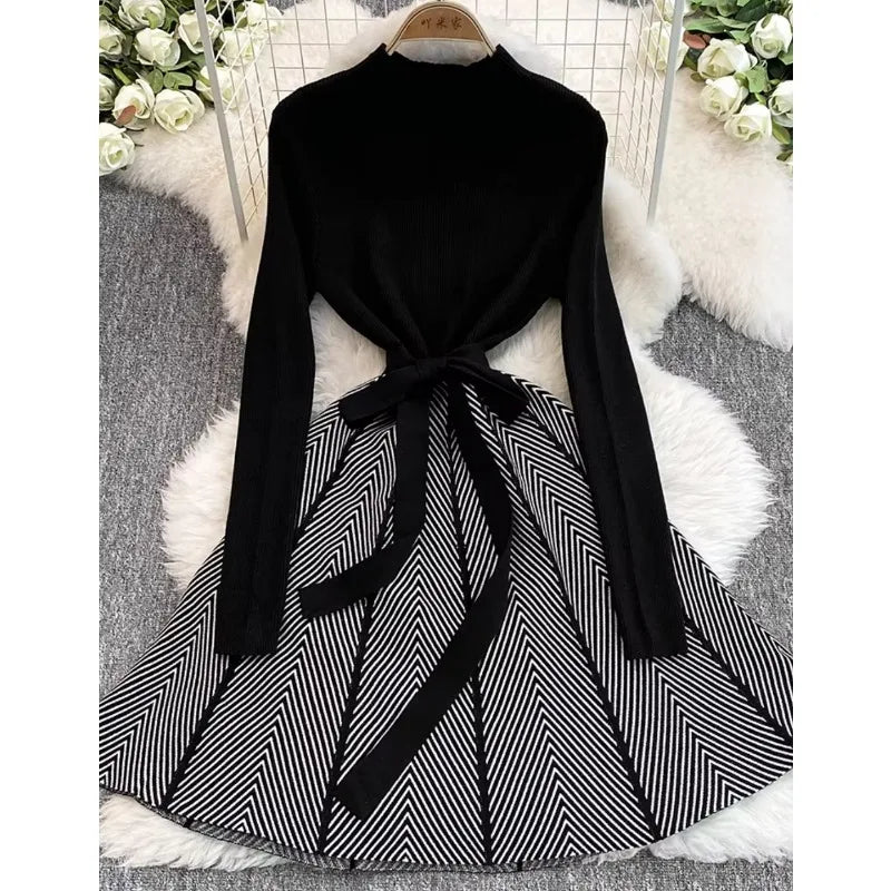 Wholesale 2024 Autumn New Fashionable Temperament Long Sleeved Stand up Collar Waist Slimming Lace up A-line Women's Dress