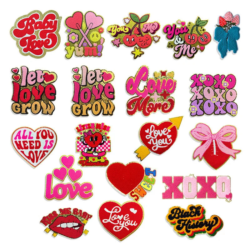 New Design Big Size Iron on Saint Valentine's Day Baby Love More Lightning Mama Heart Kiss Chenille Patches