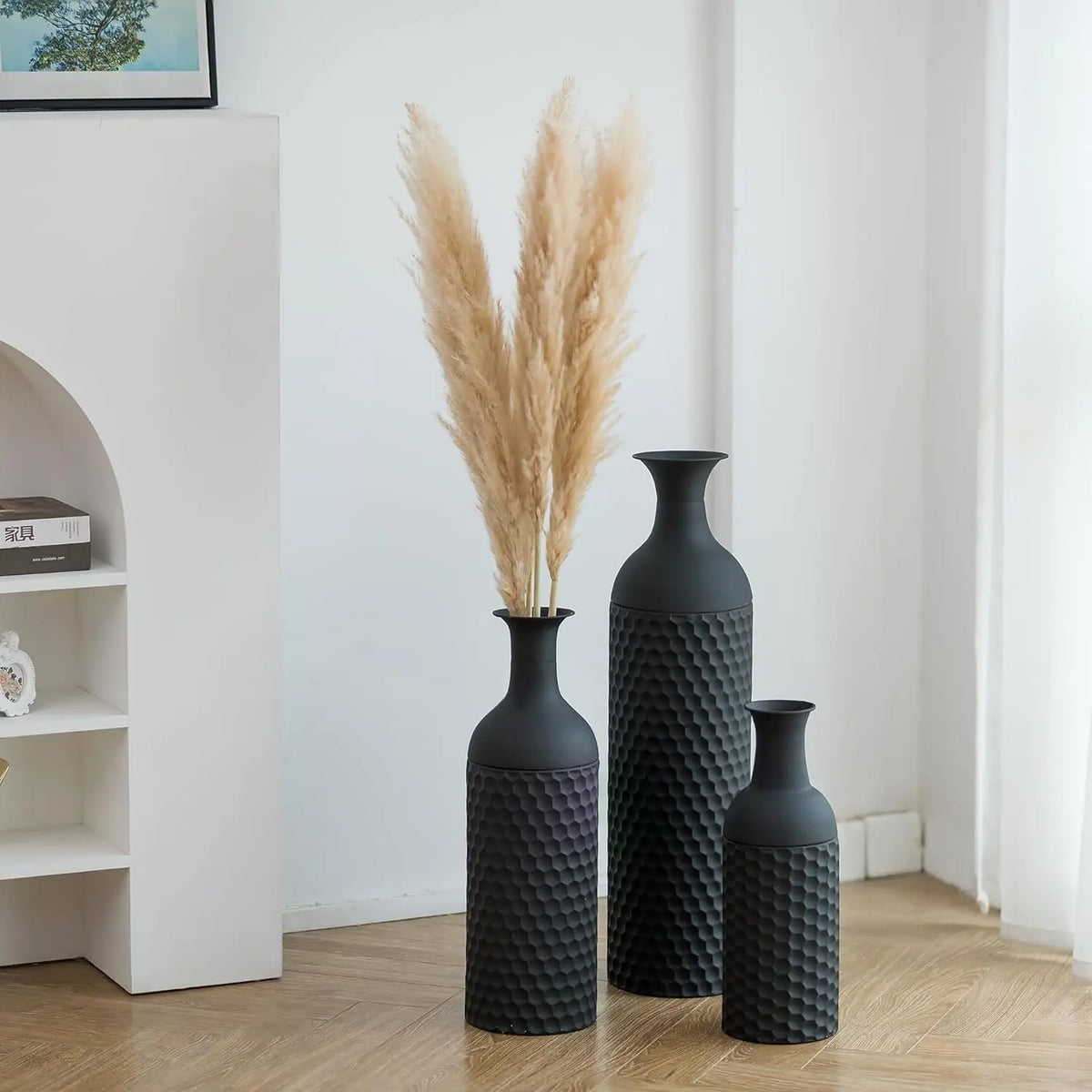 Large Black Metal Floor Standing Vases Set of 3 Modern Nordic Wabi-Sabi Honeycomb Texture Home Decor for Restaurant & Hotel MegaBDM