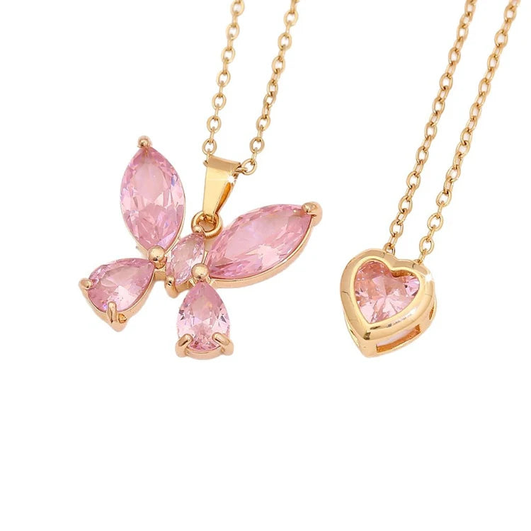 Wholesale 2-Piece Set Stainless Steel Necklace for Women Trendy Pink Flower Water Drop Leaf Heart Zircon Pendant Butterfly Shape