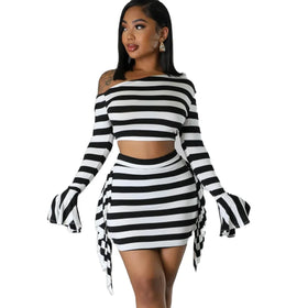 Women's New Fashion Black and White Stripe Print One Shoulder Long Sleeve Sexy Short Dress Two Piece Set