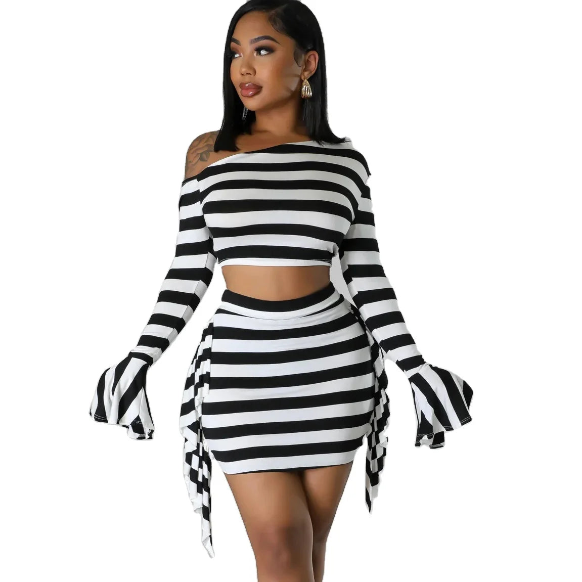 Women's New Fashion Black and White Stripe Print One Shoulder Long Sleeve Sexy Short Dress Two Piece Set