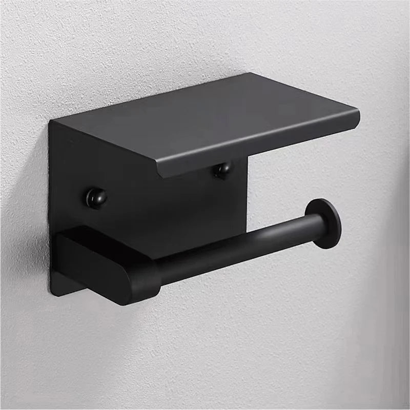 Wall Mounted Matte Black Bathroom Toilet Tissue Paper Holder 304 Stainless Steel Tissue Roll With Phone Shelf