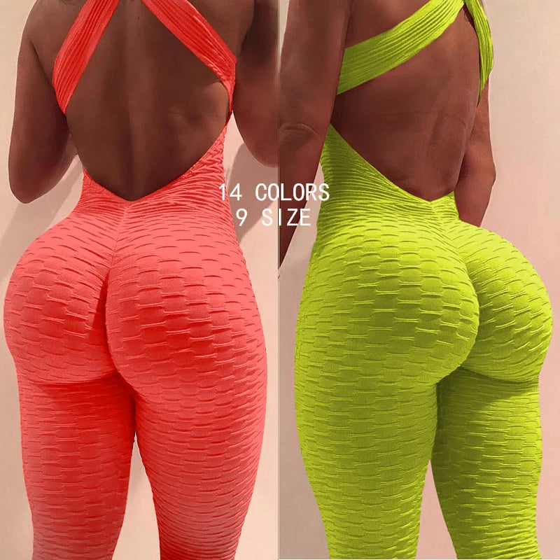 Ladies Fitness Jumpsuit Halter Yoga Exercise Fitness Pants Indoor Jacquard Skinny Jumpsuit Plus Size