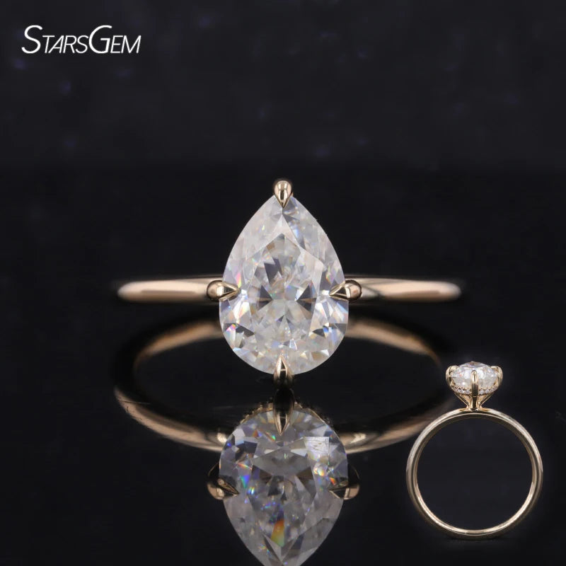Starsgem Fine Jewelry Classic 14k Yellow Gold Pear Cut E Color VVS1 Lab Diamond Ring Unisex Engagement Wedding Ring