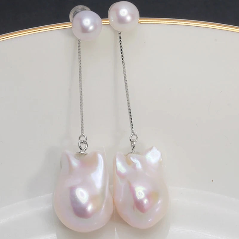 New Style Natural Freshwater 925 Sterling Silver 3A 13-16mm Baroque Pearl Female Elegant Earrings Christmas Gift for Women