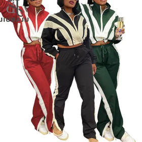 2025 Spring Zip up Patchwork Pants Set Women Color Block Tracksuits Long Sleeve Two Pieces Outfits