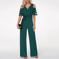 S-XXL V-neck Loose Casual Jumpsuit With Lace up V-neck Hollow Short Sleeved Jumpsuit