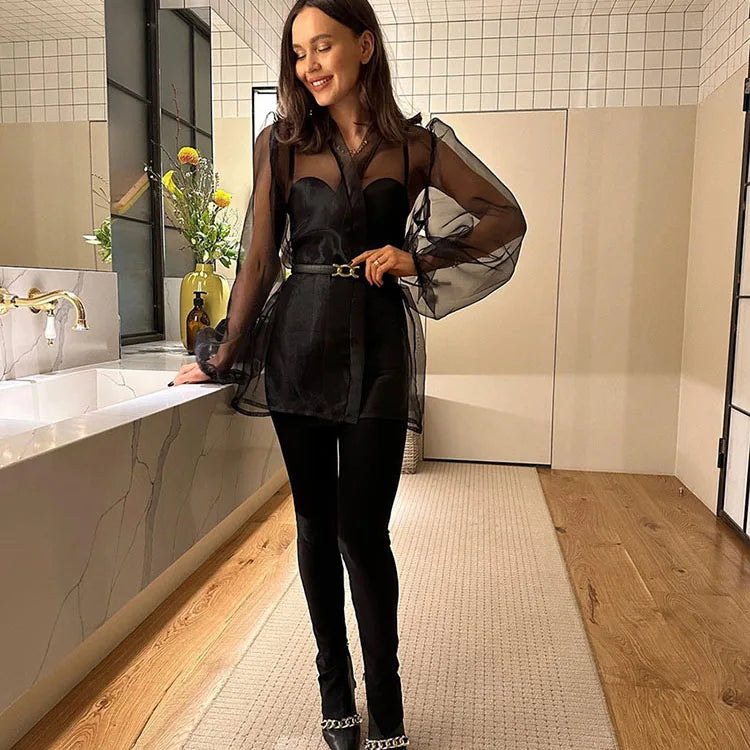 2023 Spring Sexy Black Perspective Mesh Shirt Female Niche Puff Sleeve Long Sleeve Shirt