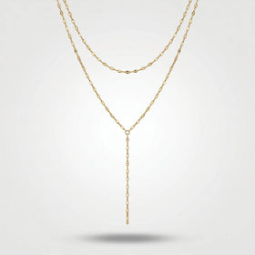 QIAOREN 11289 18K Gold Plated Double Layer Y Lariat Necklace Sparkle Oval Link Chain Stainless Steel Tarnish Free Waterproof