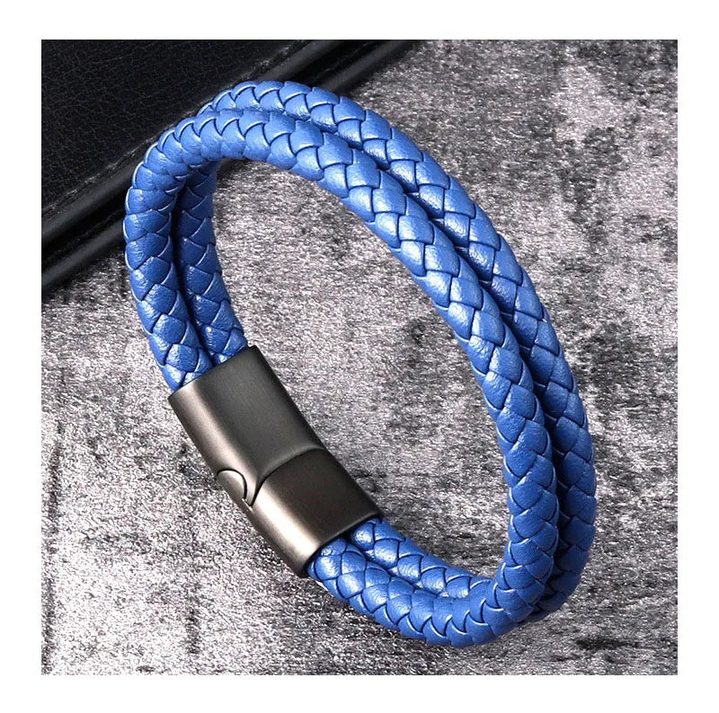 Trending Design Men's Jewelry Braided Genuine Leather Bracelet Wrap Stainless Steel Magnetic Clasp Bangle Accessories