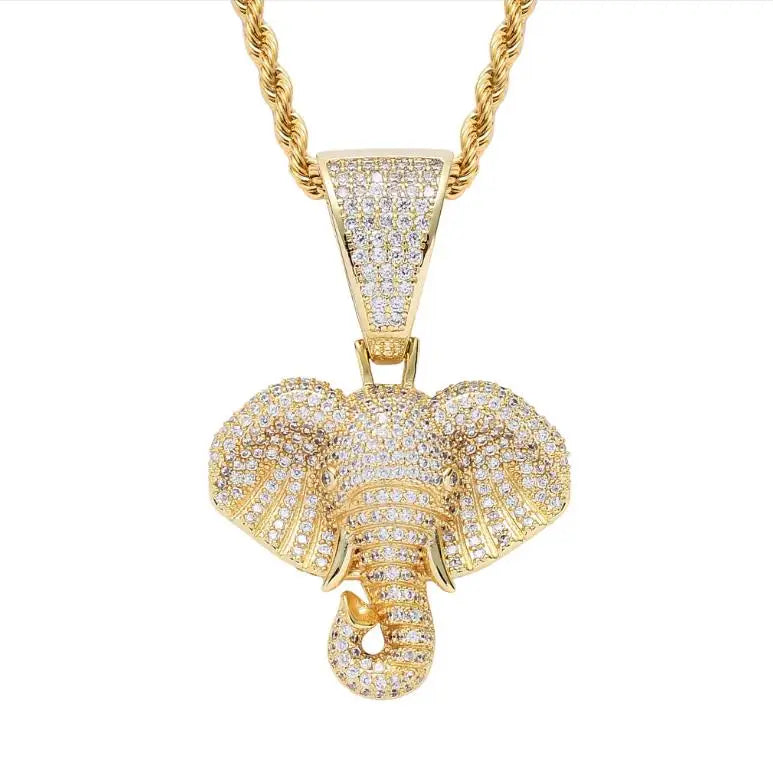 Vintage Elephant Head Punk Pendant 18k Gold Micro-inset Zircon Animal Hiphop Jewelry Pendant Jewelry Gift with Chain
