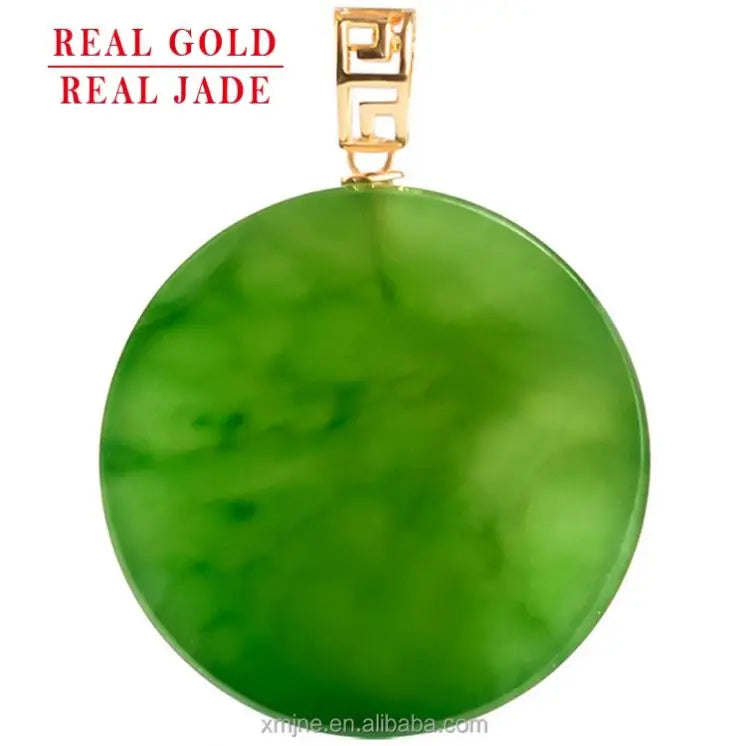 Certified Grade a Authentic Spinach Green Material Natural Jasper Round 18K Gold Necklace Men and Women's Jade Pendant