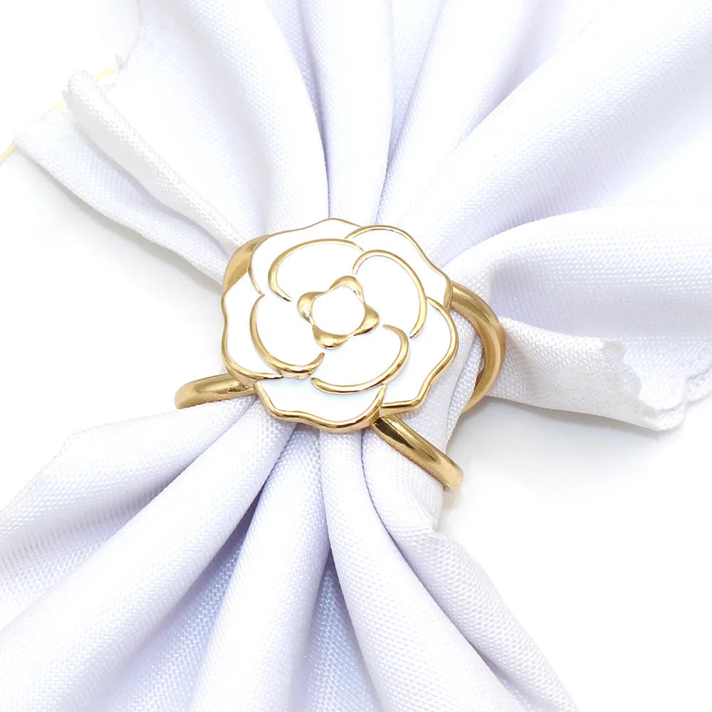 Luxury New Design Metal Gold Enamel White Flower Napkin Rings Holder Wedding