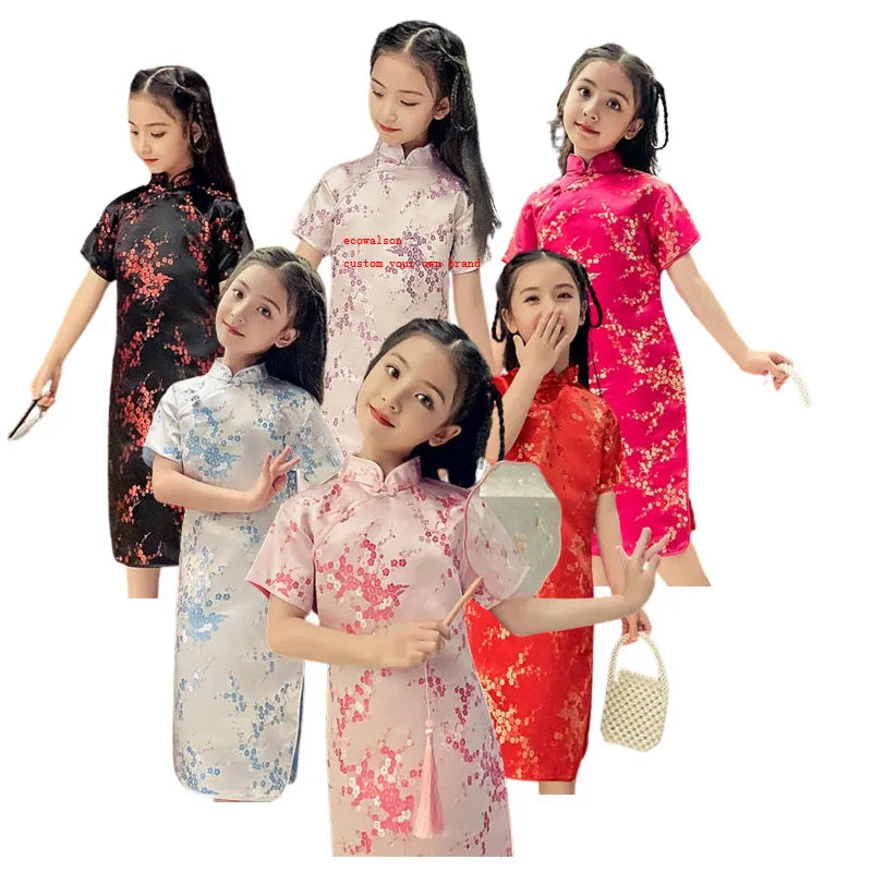 Ecowalso  Qipao for Girls Summer Floral Mini Dress 1-10 Years Teenager Chinese Style Cheongsam Traditional Ethnic Costume