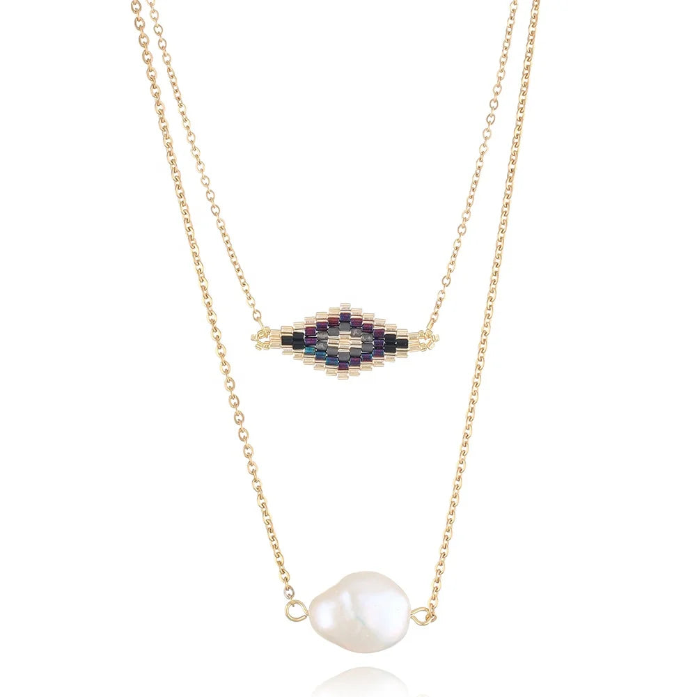 Unisex Bohemian Style Double Row Layered Necklace Fashion Pendant with Miyuki Seed Beads & Natural Pearl Beaded Bracelet Chain