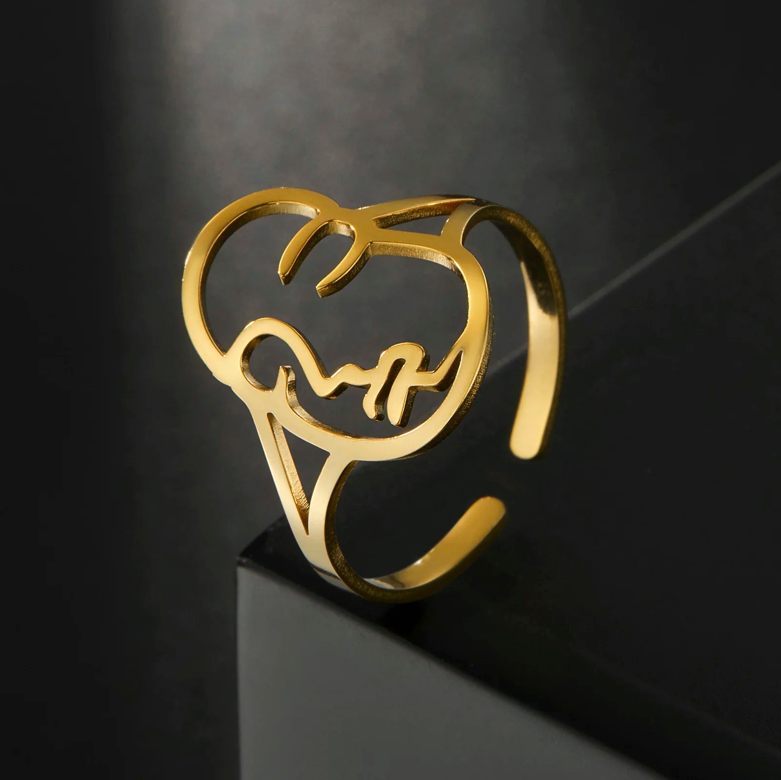 Myshape Unique Abstract Human Face Ring Women Stainless Steel Gold Color Hip Hop Open Finger Rings Jewelry Wedding Birthday Gift