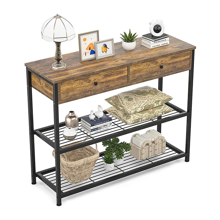 Metal Wooden Steel Leg Popular Console Table With Shelving and Drawer