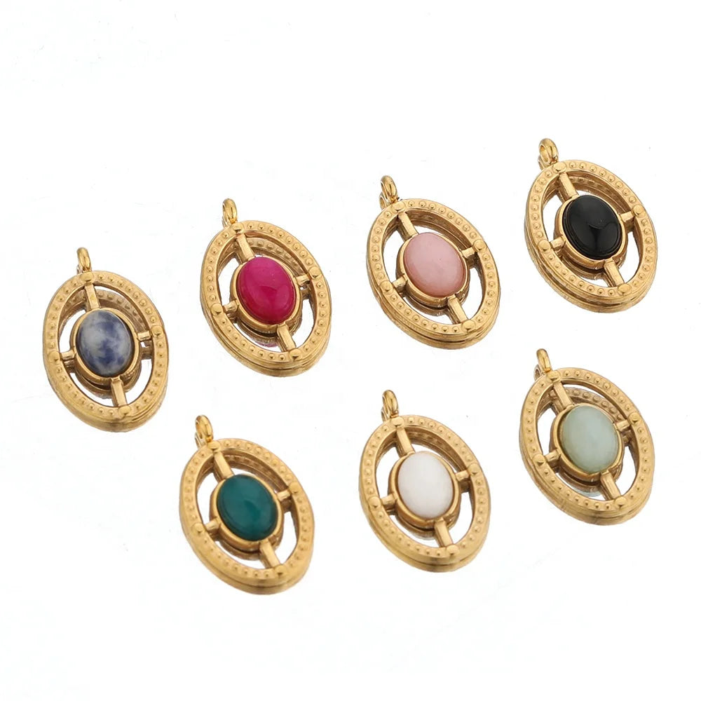5Pcs Stainless Steel Oval Hollow Out Cross-Shaped Embed Stone Charms Pendants for DIY Jewelry Findings Necklace Accessories Bulk