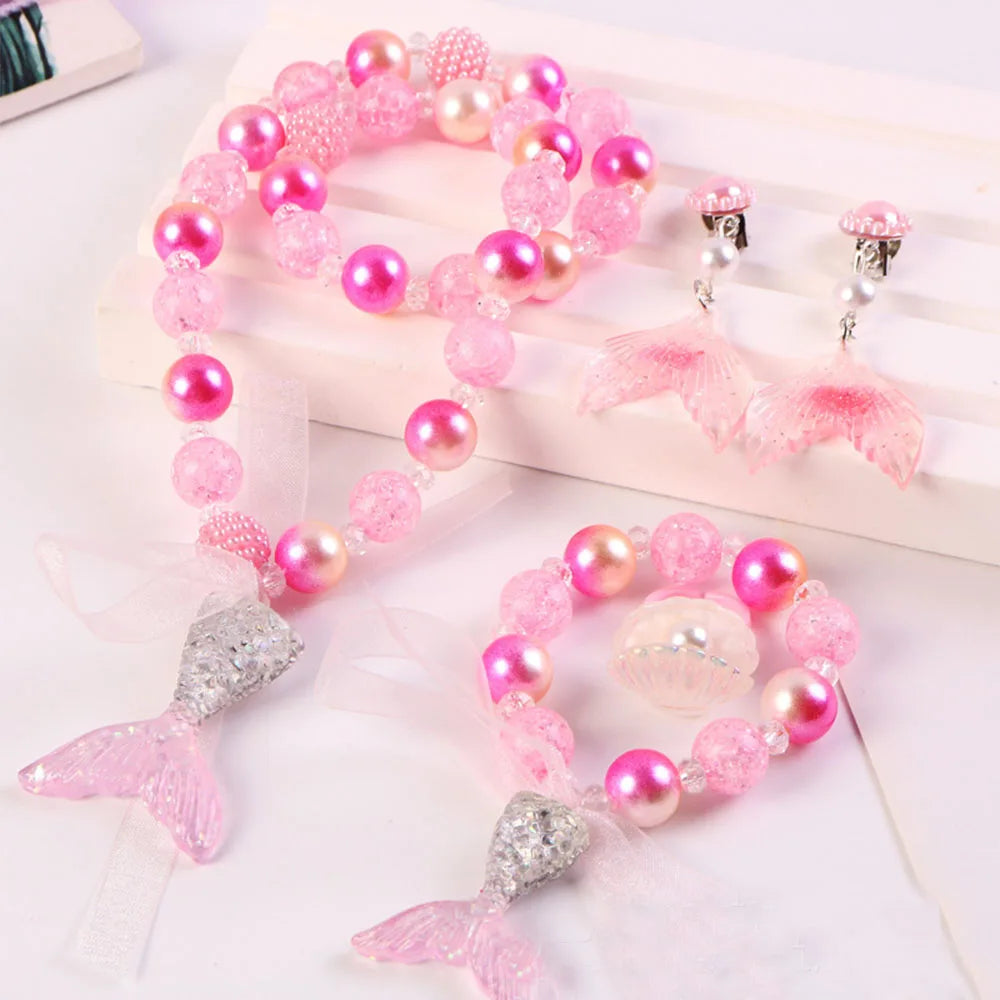 Plastic Pearl Beads pink and Purple Kids Jewelry Girls Toddler Christmas Beads Mermaid Pendant Jewelry Sets for Children