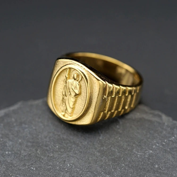 Custom 2024 Tarnish Free Waterproof Jewelry Fashion Fine Hip Hop 316 Stainless Steel St.Jude Gold Plated Jesus Rings for Men