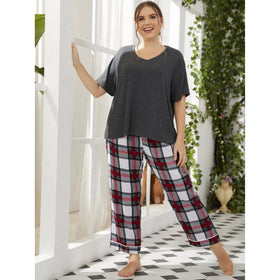 Plus Size Autumn Casual Summer Short Sleeve Loungewear 2pcs Set Home Wear Women Plaid Print Pajamas Sleepwear
