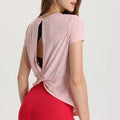 Wholesale Workout Breathable Quick Dry Short Sleeve Yoga Gym Shirt Sexy Twist Hollow Out Running Sports Active Wear for Women